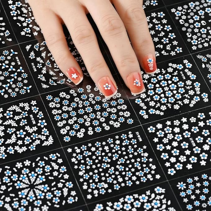 30Sheets Flower Nail Stickers 3D Self-Adhesive White with Blue Rhinestones Cherry Blossoms Daisy Nail Art Stickers Spring Summer Flowers Nail Art Design Decals for Acrylic Nail Decoration Charms Tips
