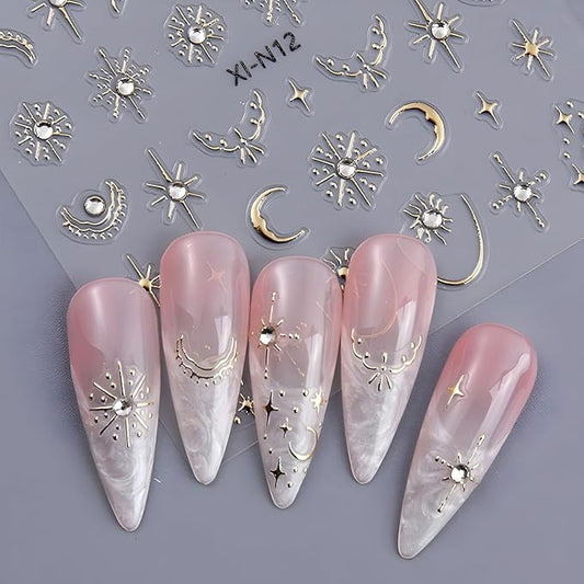 Gold Star Nail Art Stickers Decals Moon Nail Decals 5D Embossed Glitter Rhinestones Nails Design Stickers Gold Nails Supplies for Women Nail Art Decorations