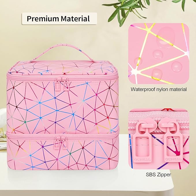 Ethereal Small Nail Polish Organizer Case Holds 32+ Bottles(15ml/0.5fl.oz) and Nail Lamp, Double Layer Nail Polish Storage Bag for Nail Kit, Manicure Tools, Diamond Pink