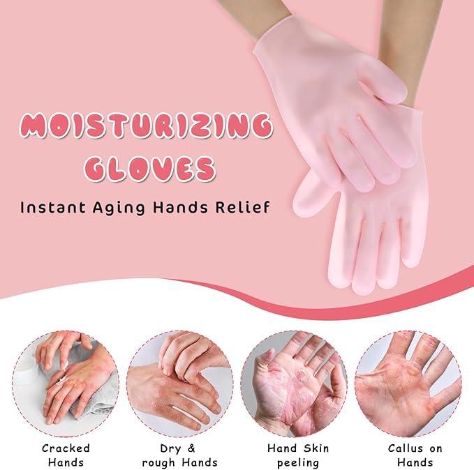 2 Pairs Hand Moisture Gloves,Silicone Gloves for Dry Hands - Moisturizing Glove for Dry Hands, Overnight Moisture Glove for Softening Rough Skin - Pink & White