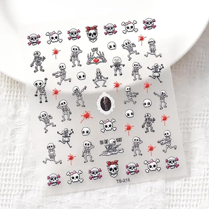 Halloween Skull Nail Art Stickers Decals 5D Embossed Skeleton Nail Decals Self-Adhesive Bloody Skull Heart Nail Art Supplies Horror Hand Bones Halloween Nail Stickers for Women Manicure Decoration