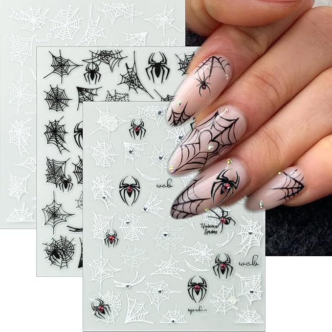 4 Sheets Halloween Nail Stickers for Nail Art Black White Spider Web Nail Decals 3D Self-Adhesive Spider with Red Rhinestones Nail Design Decals Goth Halloween Holiday Nails Supply for Women Manicure