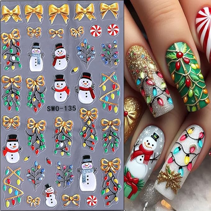 Christmas Nail Stickers 5D Embossed Christmas Tree Snowman Nail Art Stickers Winter Snowflake Nail Decals Self-Adhesive Bow Holiday Lights Design Sticker Xmas Cute Nail Art Decoration for Women 4Pcs