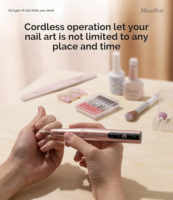 MelodySusie Pen-Shaped Portable CordlessNail Drill, PC180F 25000RPM RechargeableElectric File with LED Display for All NailCare, Manicure Shaping & Acrylic GelRemoval for Nail Artists DIY at Home