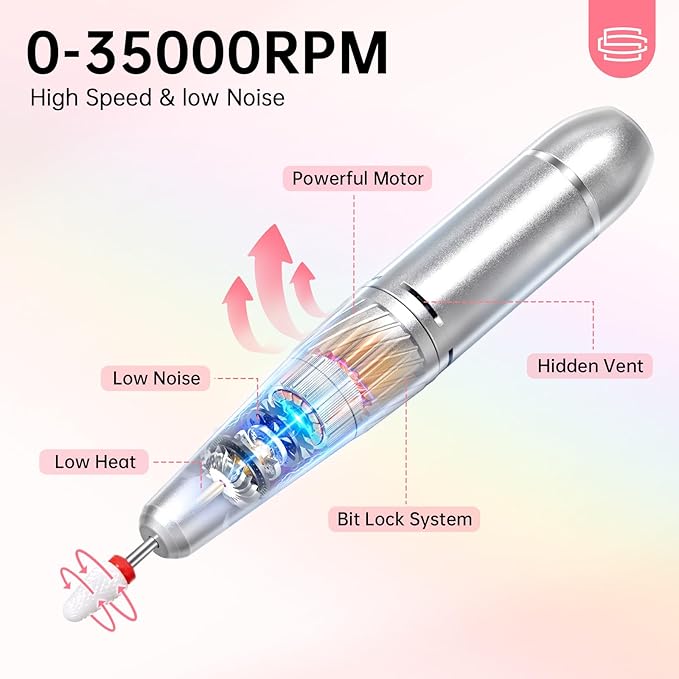 Rechargeable 35000RPM Nail Drill Sparkling Portable Professional Electric Nail File for Acrylic/Gel Nails Professional Nail Tools for Manicure Pedicure, Pink