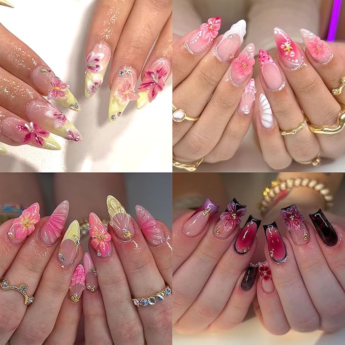 3Pcs Summer Flower Nail Art Stickers Decals 5D French Tip Nail Stickers Floral Nail Decals Colorful Flowers Nail Design Stickers Spring Cherry Blossom Nails Supplies for Women DIY Manicure Decor
