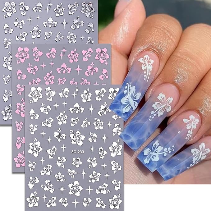 6Sheets Flower Nail Stickers for Nail Art, Hibiscus Flowers Nail Decals White Pink Gold Flower Star Pattern Flowers Nail Design 3D Self-Adhesive Hibiscus Nail Art Stickers Manicure Tips for Women