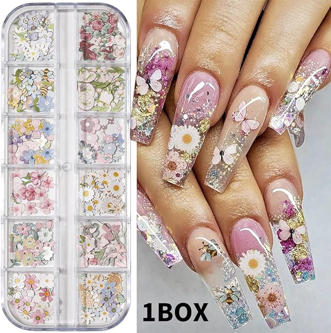 300Pcs 3D Flower Nail Art Charms Sequins Decals Colorful Mixed Flowers Leaves Butterfly Design Slice Nail Flowers Ultra Wood Pulp Flakes Sequins