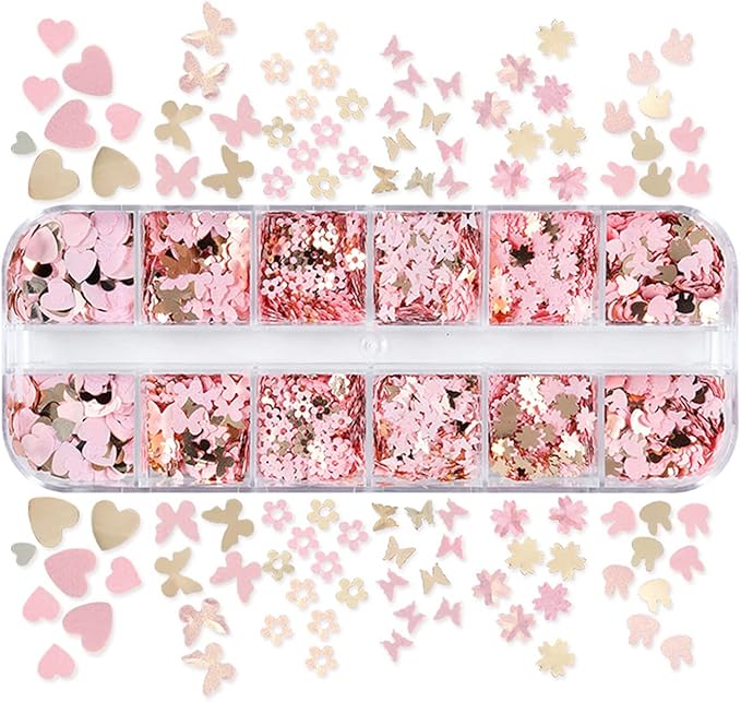 Nail Art Glitter Flakes, Mixed Love Heart Butterfly Flowers Leaf Rabbit Nail Sequins Designs, 3D Glitter Acrylic Nails Supplies for Women Girls Manicure Sparkly Decorations, DIY Resin Nail Art Tips