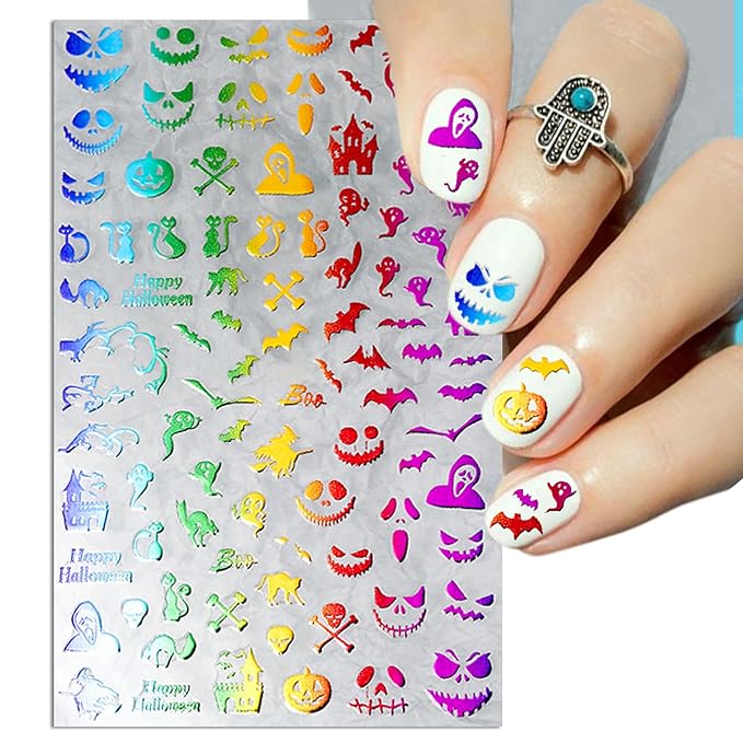 TailaiMei 12 Sheets Halloween Nail Stickers, Laser Self-Adhesive Nail Art Decals for DIY Glitter Nail Decorations (5 Colors)