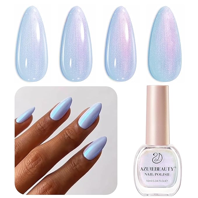 AZUREBEAUTY Shine Blue Nail Polish, Glitter Baby Blue Color Quick Dry Complete Natural Super Lustrous Nail Enamel Polish,Professional for Nail Art DIY Manicure and Pedicure at Home