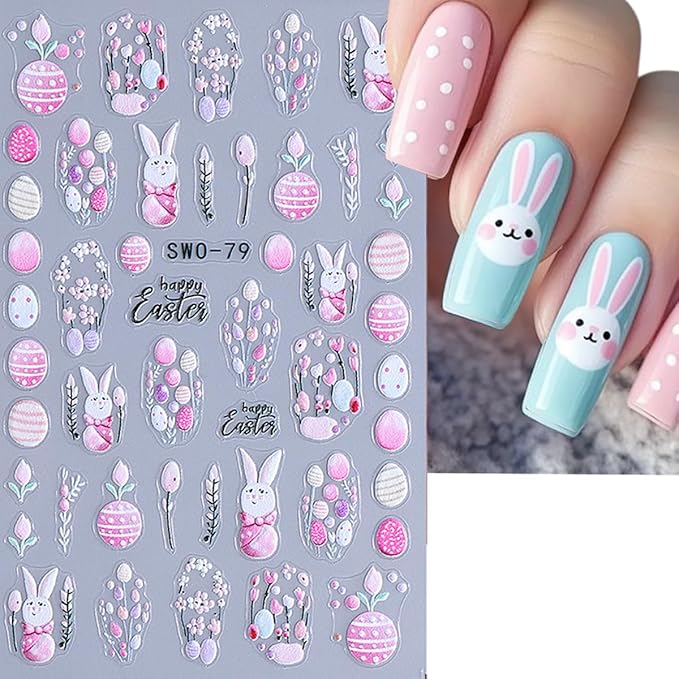 2 Sheets Easter Nail Art Stickers Cute Bunny Nail Decals 5D Relief Rabbits Flowers Eggs Self-Adhesive Nail Design Stickers Acrylic Nail Accessories Supplies for Women Girls Manicure