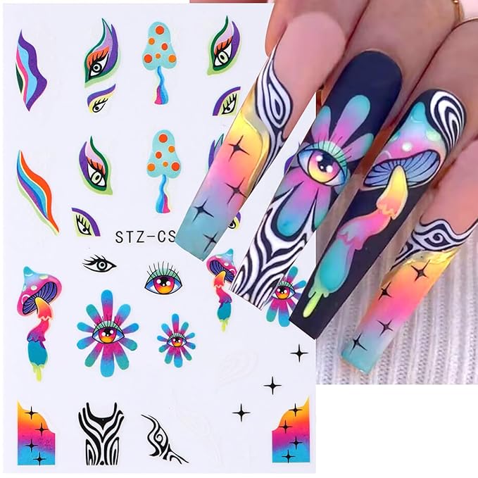 8 Sheets Nail Art Stickers Graffiti Flower Evil Eye 3D Self-Adhesive Nail Decals Rainbow Mushroom Star Moon Designs Nail Decorations Summer Nail Stickers Colorful Nail Supplies for Women DIY Manicure