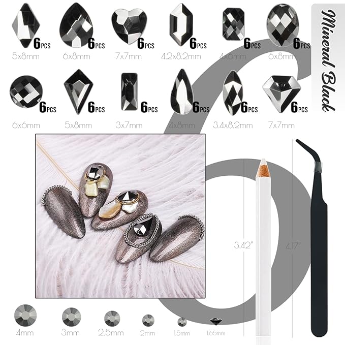 Mine Black Nail Rhinestones Multi Shapes Metallic Black Rhinestones for Nails Flatback Nail Gems K9 Glass Round Beads Stones Diamonds Nail Charms Art for Nails Faces Eyes Makeup Crafts DIY