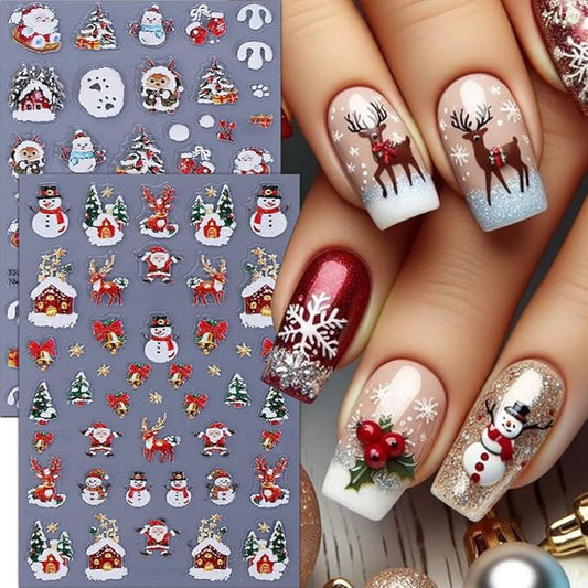 Christmas Nail Stickers 5D Embossed Snowman Elk Nail Art Stickers Xmas Holiday Nail Decals Self-Adhesive Deer Snow Santa Claus Design Sticker Nail Decoration for Women Manicure Accessories 2Pcs