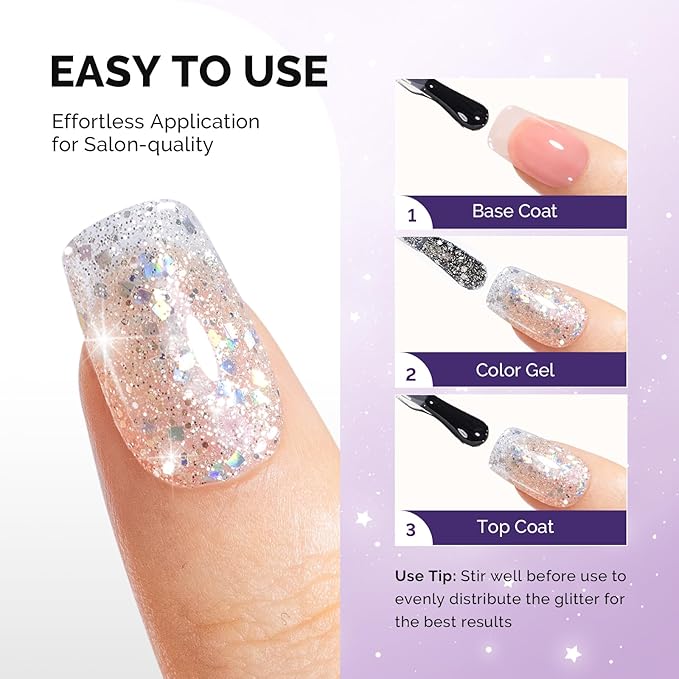 MelodySusie Galaliver Glitter Gel Nail Polish, 15ML Sparkly Shimmer Gel Polish Soak Off UV LED Cured Long Lasting Gift for Women DIY Nail Design Nail Art Manicure Colorful Silver X09