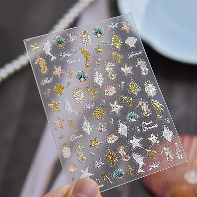5D Embossed Seashell Nail Art Sticker with Pearl Shell Design Summer Nail Stickers Ocean Starfish Dolphin Seahorse Nail Decals Gold Conch Coconut Tree Stickers for Women Nails Supplies Decor 1Pcs