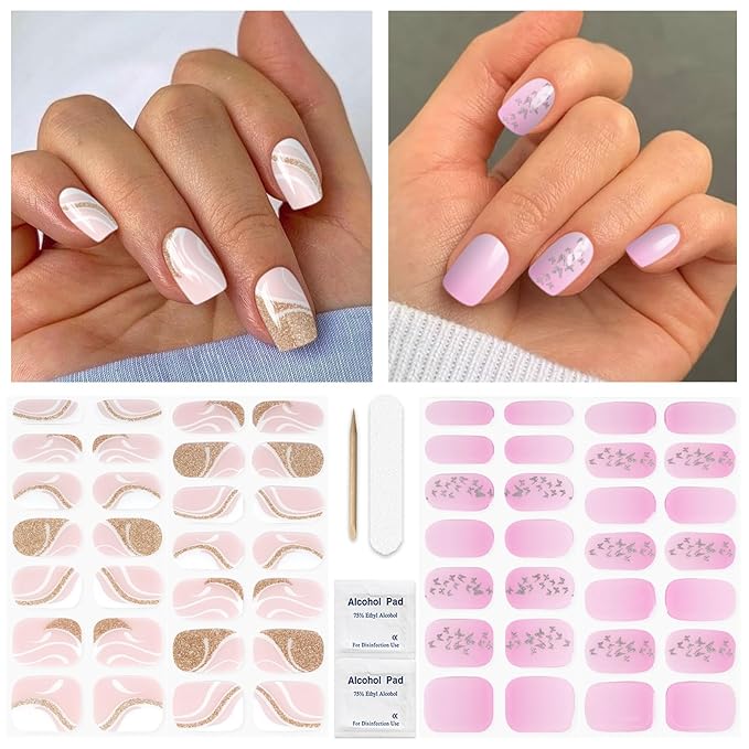Semi Cured Gel Nail Strips 2 Set, (French,Gradient Pink) 56 Pcs Gel Nail Stickers Wraps, Works with Any UV Lamps,Long Lasting DIY Nail Art Gift for Women,Salon-Quality, Easy to Apply