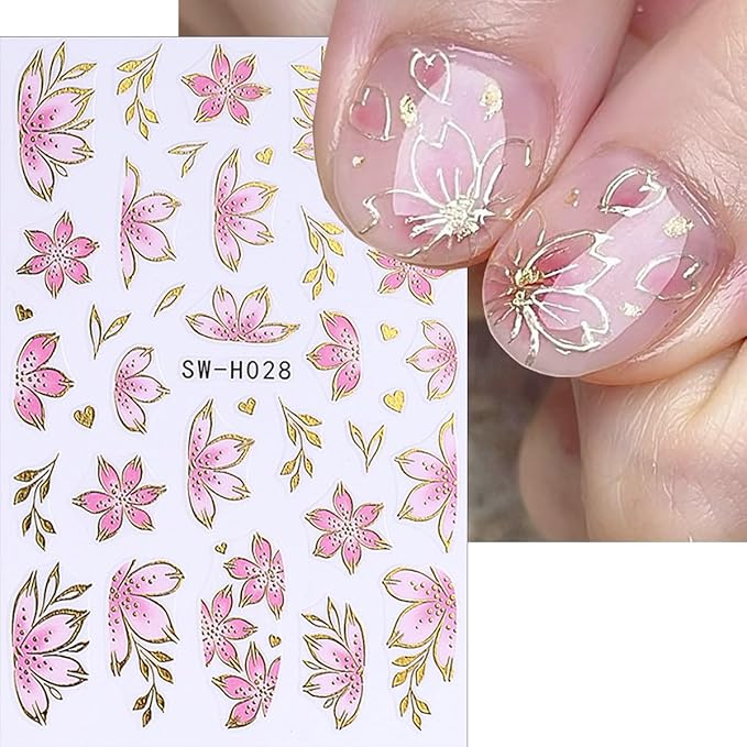 6Pcs Cherry Blossom Nail Art Sticker Decals Gold French Line Design Floral Stickers Flower Nail Stickers Peach Blossom Nails Decals Cute Manicure Decoration for Women DIY Spring Nails Supplies Charms