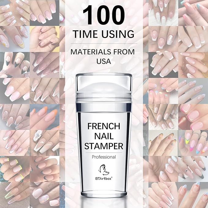 BTArtbox French Nail Stamper - French Tip Nail Tools with Nail Scraper and Replaceable Stamper Head, 100-Time Using Silicone Nail Stamper Kit for Gel Nail Polish DIY Nail Art Tools