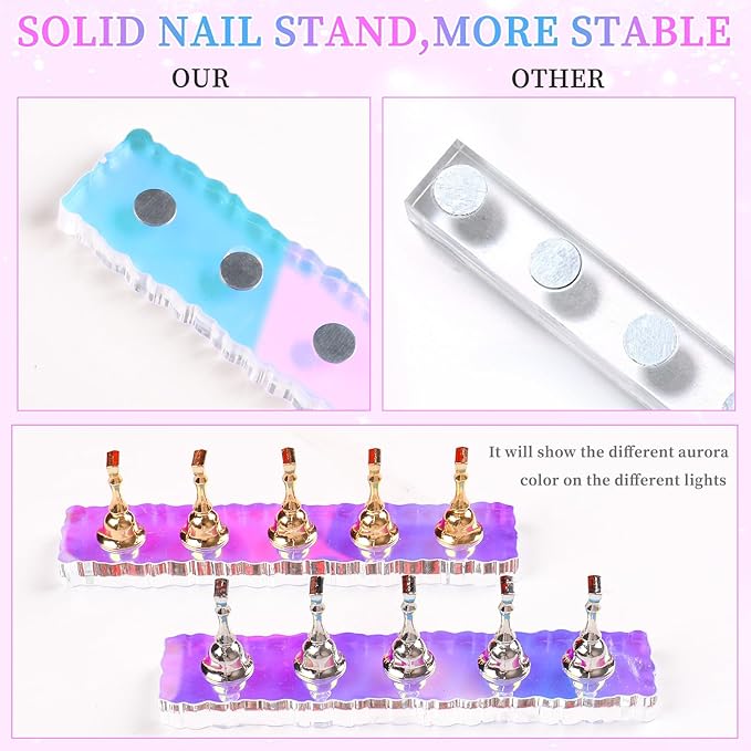 ANGNYA 2 Set Nail Stand, Aurora Nail Holder for Painting Nail Stand for Press on with 96 Pcs Reusable Sticky Putty Nail Display Stand Nail Hand Practice Magnetic Nail Art Tools for Homes and Salons