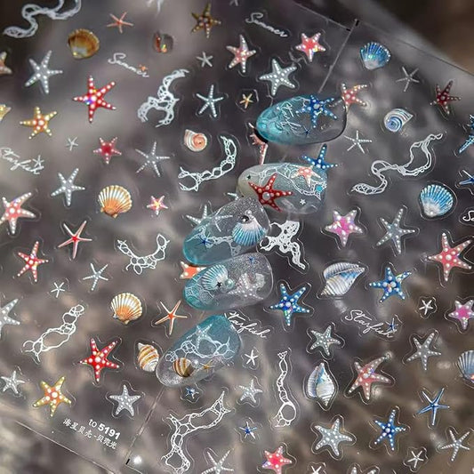 2 Sheets Colorful Starfish Nail Stickers Summer Nail Sticker for Nail Art 5D Self-Adhesive Nail Decals Ocean Nails Supplies Design Decoration Accessories for Women DIY Manicure Decoration