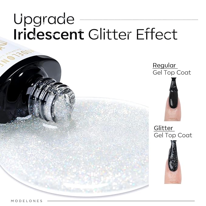 modelones Glitter Gel Top Coat, Iridescent Silver Mix Glitter Gel Polish No Wipe Top Coat Glossy Sparkly Finish Long Lasting Soak Off Rainbow Shimmer Nail Polish Nail Art Gift, 10ml
