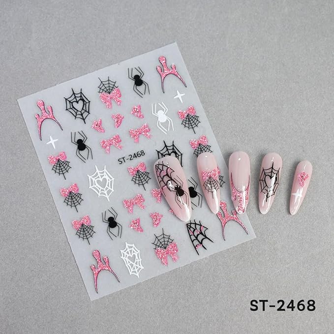 Halloween Nail Art Stickers, Cute Ghost Nail Art Decals 3D Self-Adhesive with Pink Bat Pumpkin Heart Skull Spider Web Nail Design 6Pcs Halloween Nail Art Supplies for Women Nail Decoration