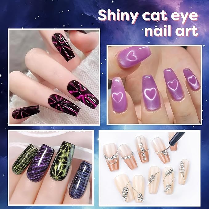WOKOTO 14 Pcs Cat Eye Magnet For Nails With 3pcs Y-Shape Iron Mold Set, Cat Eye Gel Nail Polish Magnet Tools Powerful Set Wand Magnet, Magnetic Nail Polish Square Round Heart Magnet Stick For Nails