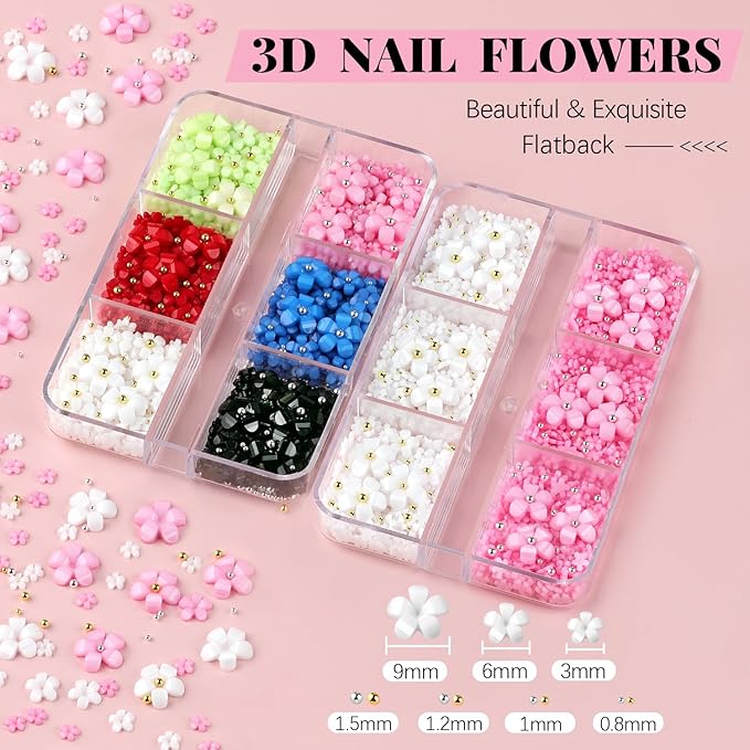3D Flowers, Manicure Kit with Gel Glue, Colorful Acrylic Flower Nail Charms with Caviar Beads, Rhinestones + Gem Glue for Nails (UV/LED Needed) with Dotting & Pickup Tools