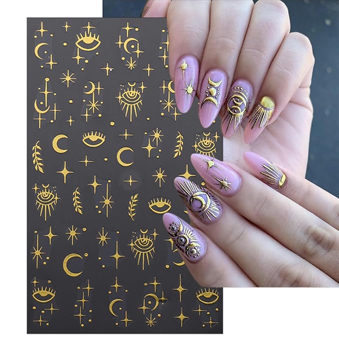 8 Sheets Gold Sun Nail Art Stickers - Sliver Moon Star Self-Adhesive 3D Nail Decals for DIY Golden Slivery Manicure