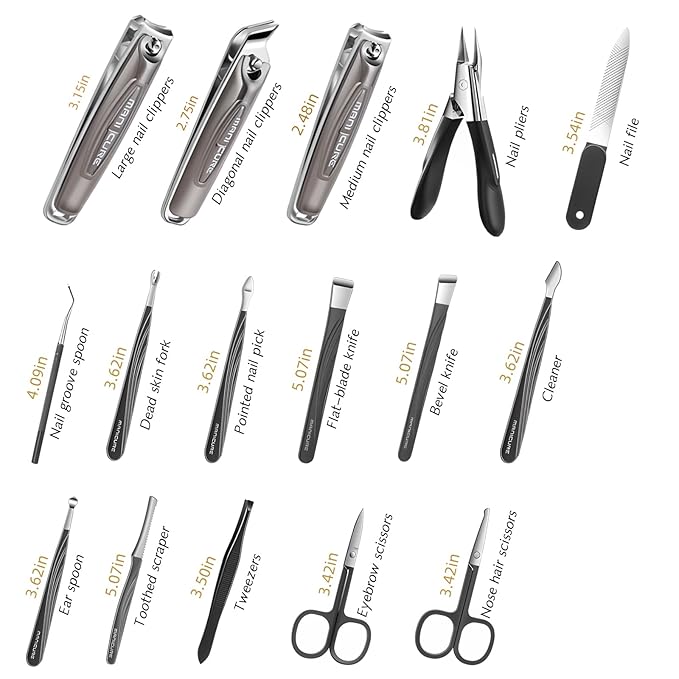 Manicure Set Professional Nail Clippers Pedicure Kit, 16 pcs Stainless Steel Nail Care Tools Grooming Kit with Storage Bag for Men Women Gift