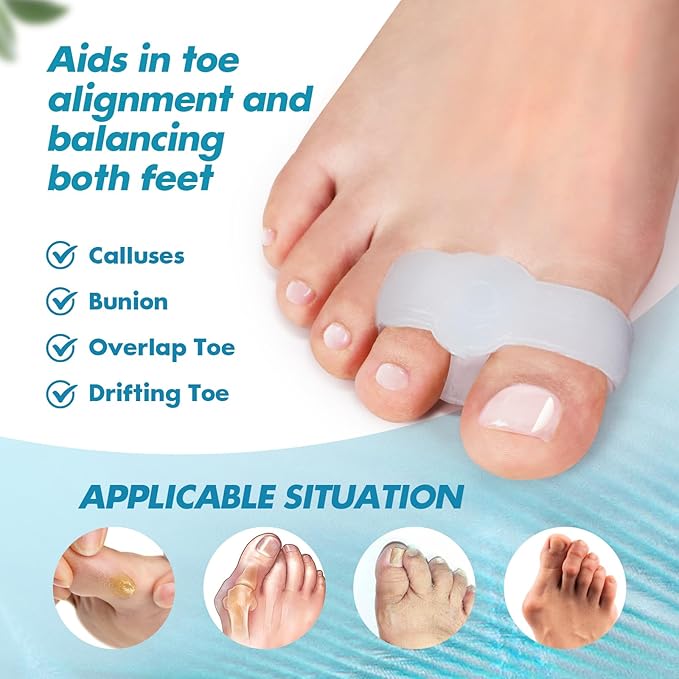 Pack of 12 Bunion Toe Separators Corrector for Big Toe, (0.29" Thick) Gel Toe Separators for Women Overlapping Toes with 2 Loops, Silicone Toe Spacers for Men Bunion for Alignment Feet(White)