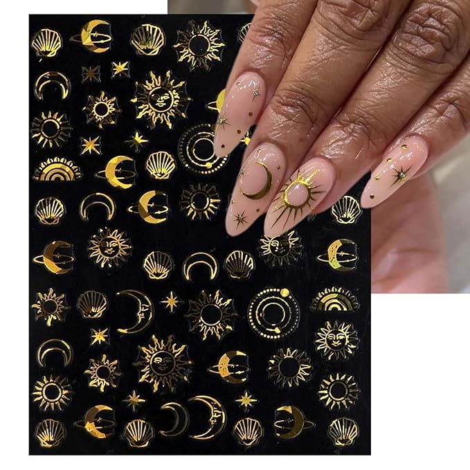 Gold Sun Nail Art Stickers - Sliver Moon Star Self-Adhesive 3D Nail Decals for DIY Golden Slivery Manicure (6 Sheets)
