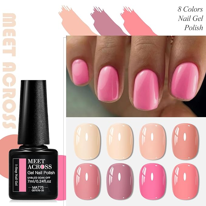 MEET ACROSS 1 Step Gel Polish Set Nail Art Manicure 3 in 1 Gel Kit Soak Off LED Gel Nail Varnishes No Need base gel top coat (Set-5, 8PCS)