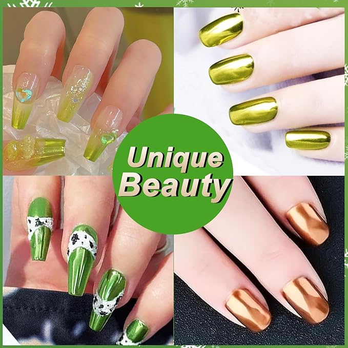 Allstarry Green Chrome Nail Powder, 4 Colors Mirror Effect Metallic Pigment Manicure Holographic Glitter Dust Kit for Gel Polish St Patricks Day Nail Art St Patty's Day Accessories - Forest Afterglow