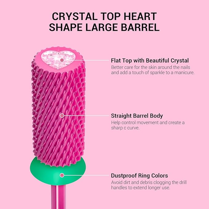 MelodySusie Large Barrel 3/32'' Tungsten Carbide Nail Drill Bit, Crystal Top Pink Heart Shape, Fast Remove Acrylic Gel, Cuticle Gel Polishing for Manicure Pedicure, Pink Blossom, Series Bit-S, Coarse