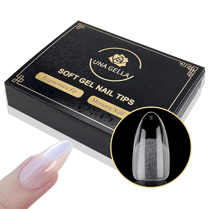 UNA GELLA Almond Gel Nail Tips 600 Pcs Pre Etched Medium Almond Shaped Nails Full Cover Press On Nails 12 Sizes Clear Fake Soft Gel Tips for Flat & Curved Nail Bed Extension Home DIY Salon