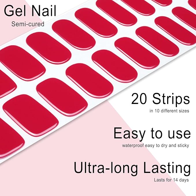 Semi Cured Gel Nail Strips, 20pcs Real Nail Polish Art Stickers, Red-C Gel Nail Stickers - Work with Any UV Lamp, Long Lasting Full Wraps with Nails File and Stick