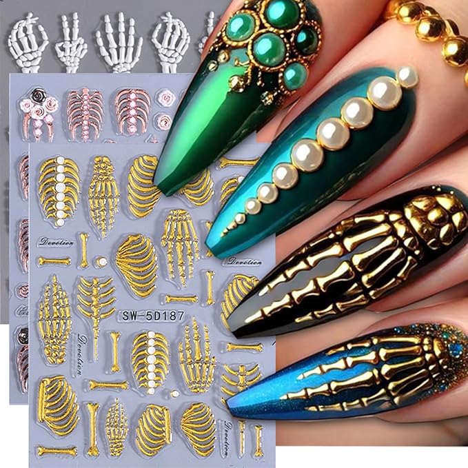 3Pcs 5D Embossed Halloween Nail Stickers Self Adhesive Hand Bone Rose Flower Nail Decals Scary Pink Skeleton Nail Art Stickers Gold White Claw Skull Nails Design Halloween Sticker for Women Manicure
