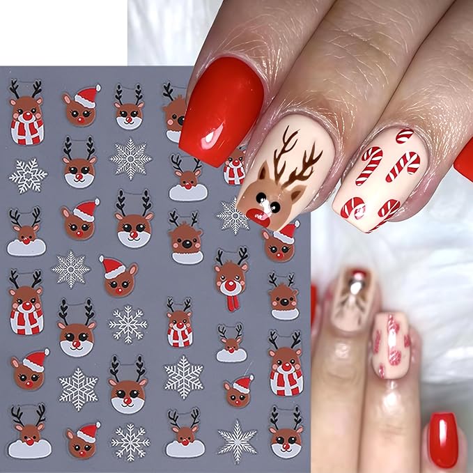 6 Sheets Christmas Glitter Elk Nail Art Stickers 3D Self-Adhesive White Snowflake Cute Reindeer Nail Design Red Pink Glitter Heart Nail Decor for Women Winter Xmas Holiday Manicure DIY Nail Supplies