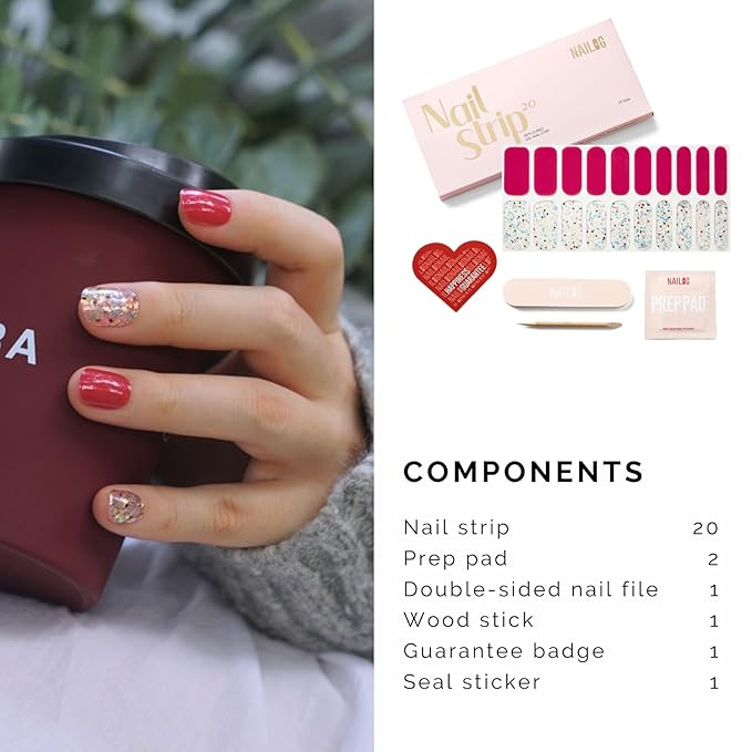 NAILOG 20 Pcs Semi Cured Gel Nail Strips - Extra Long Nail Wraps with Glossy Gel Finishing Red, Ruby Nebula