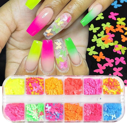Luminous Butterfly Nail Art Sequins, 3D Butterflies Fluorescence Glitter Flakes-12 Colors Holographic Butterfly Shiny Design Decoration Colorful Confetti Sparkle Supplies Nails Art Accessories