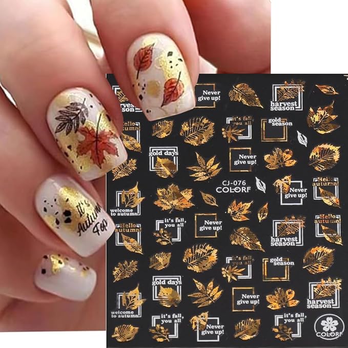 Maple Leaf Nail Art Stickers Decals Fall Nail Stickers 6PCS Golden Autumn Leaves Pine Nut Squirrel Autumn Nails Design Thanksgiving Day Nail Art Supplies Fall Stickers for Nails Manicure Decor
