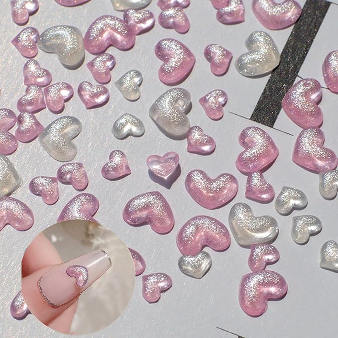 200Pcs Mixed Size Colorful Heart Nail Art Charms 3D Shining White Pink Flat Valentine's Day Nail Charms Love Heart Resin Crystal Jewelry Craft DIY Accessories for Women Acrylic Nail Decor