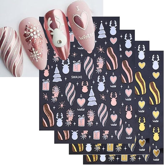 4 Sheets Christmas Nail Stickers for Nail Art WLGDLH 3D Self Adhesive Gold Pink Nail Art Stickers Snowflake Gift Nail Decals Xmas Elk Deer Nail Supplies for Women DIY Christmas Decorations