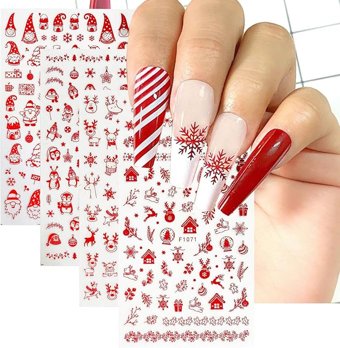 8 Sheets Christmas Nail Stickers 3D Self-Adhesive Winter Santa Claus Decals Glossy Black Red Reindeer Snowflake Bell Elk Xmas Trees Art Supplies for DIY Nails