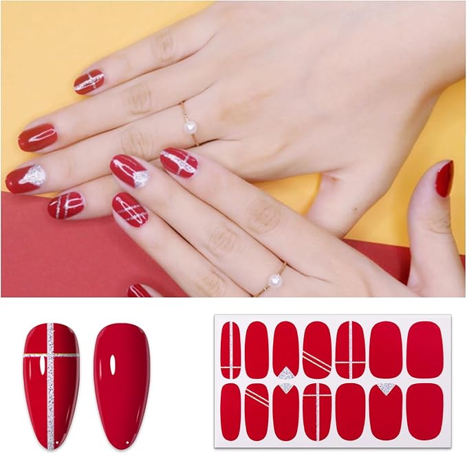 SILPECWEE 560 Pieces 40 Sheets Nail Polish Strips, Red Nail Stickers Full Nail Wraps for Women, Self Adhesive Gel Strips Manicure Design, Fingernail Sticker Nails with File