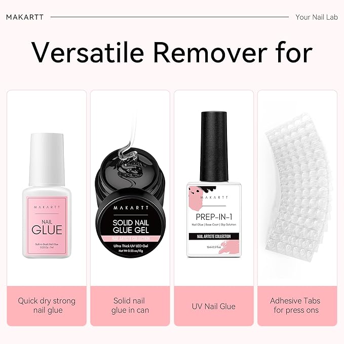 Makartt Press on Nail Glue Remover: Updated Formula with Vitamin E | Glue Debonder with 5 Wooden Sticks,1 Dropper Applicator for Quicker Application,Non-Acetone,Hema-free Glue off 30 ml