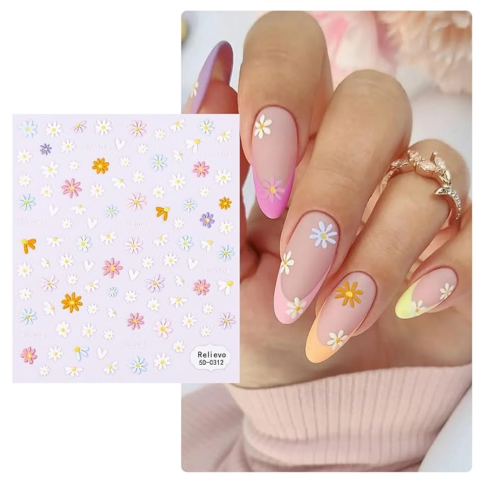 Nail Art Stickers Decals 5D Embossed Flower,Nail Decals Spring Summer Daisy Nail Art Design Self-Adhesive,Nail Accessories for Women Nail DIY Decoration